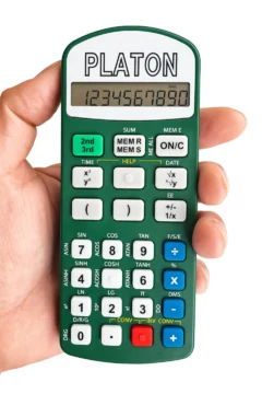 Neu Platon Marland Green handheld scientific calculator being held in a hand, with a large display showing numbers and many white and colored buttons; brand PLATON is visible at the top.